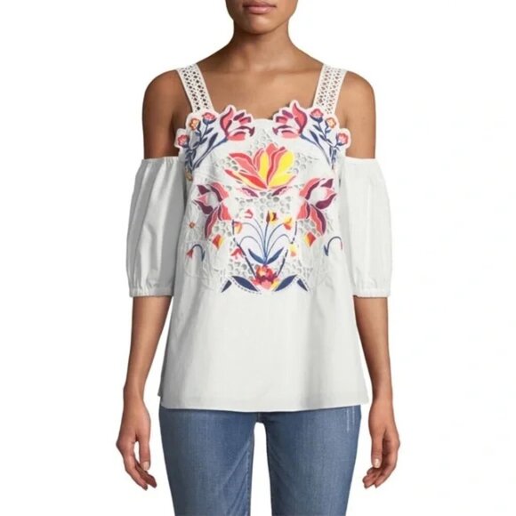 Tanya Taylor Marja Cold Shoulder Top Size 2 White Embroiderd Cut Out Vacation - Picture 1 of 9
